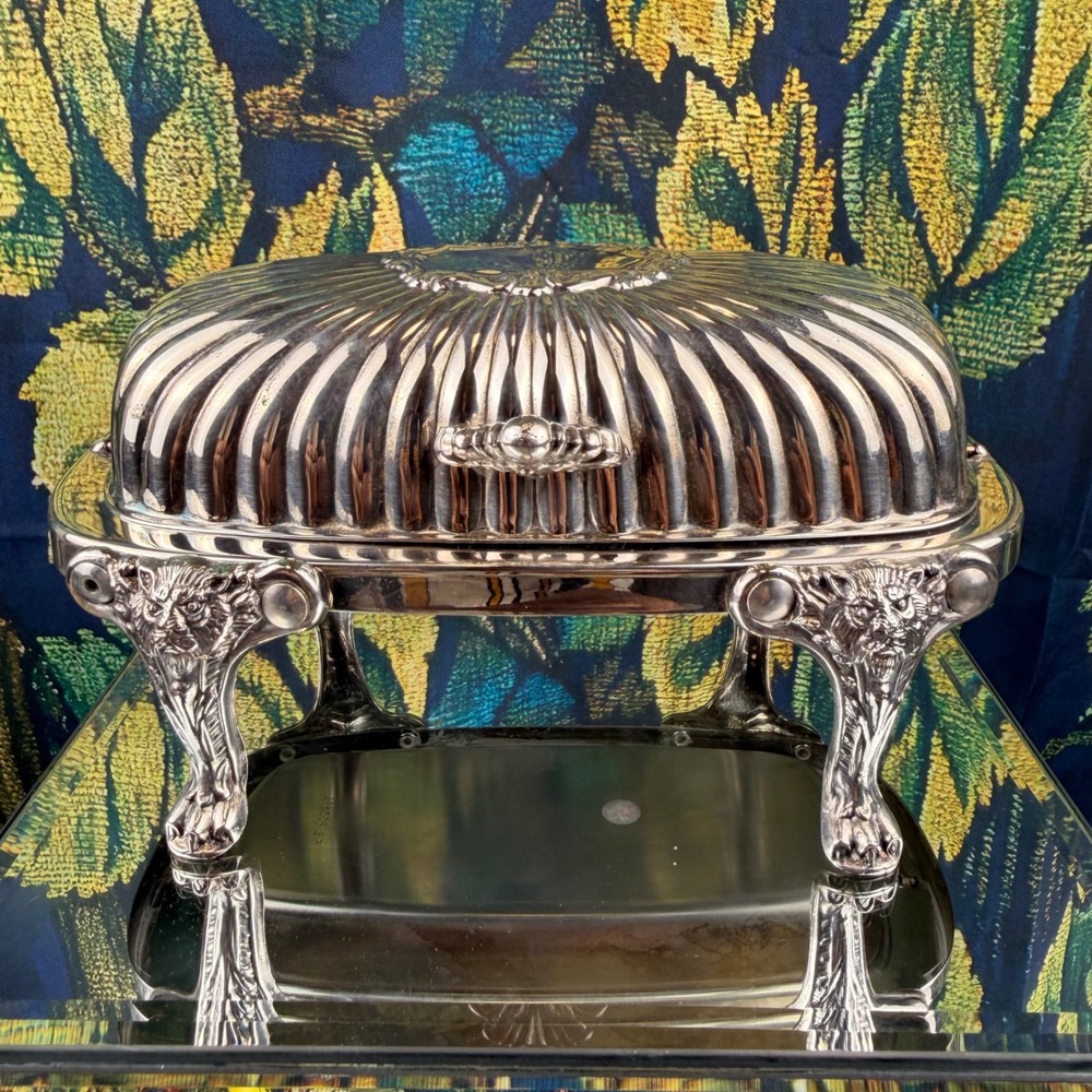 F.B. Rogers Silverplate  Butter Dish Lion Head Paw Feet Roll Top Vintage